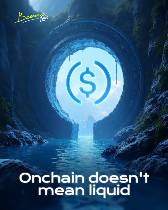 A promotional image by 'Beemic Labs' showing a glowing USDC-like symbol inside a circular portal in a rocky canyon with the text 'Onchain doesn't mean liquid'.