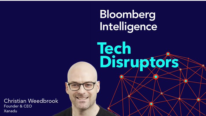 A promotional graphic for 'Bloomberg Intelligence Tech Disruptors' features a headshot of Christian Weedbrook, Founder & CEO of Xanadu, set against a dark blue background with a red geometric network design.