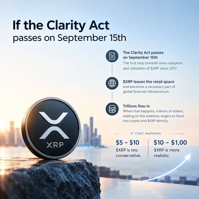 An infographic titled 'If the Clarity Act passes on September 15th' showing an XRP coin, with text detailing potential price predictions of '$5 - $10' and '$10 - $1,00'.