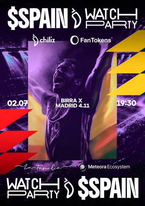 A promotional poster for a "$SPAIN Watch Party" on 02.07 at 19:30, featuring sponsors Chiliz, FanTokens, La Familia, and Meteora Ecosystem, scheduled at "BIRRA X MADRID 4.11." The bold purple and yellow design with a cheering fan visually supports the post's announcement of a community gathering in Madrid to celebrate the $SPAIN Fan Token.