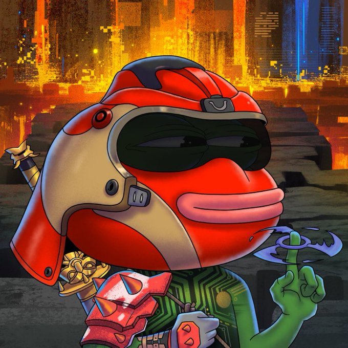 The image features a cartoon character, likely a frog or a fish, wearing a helmet with goggles and holding a sword. The character appears to be exploring space or another planet. The background of the image shows a city skyline at night, which adds an urban element to the scene. The caption below the image reads "Today, Pepe explores the galaxy !" followed by a link to the post where it was shared.