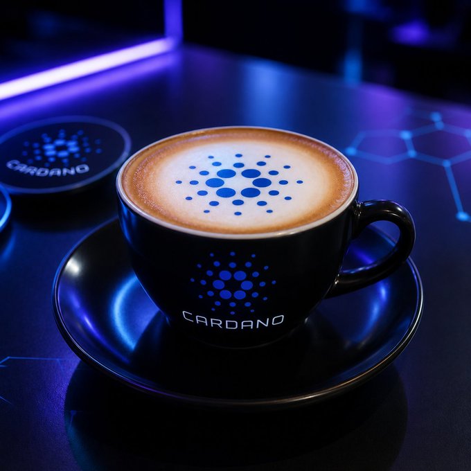 A black ceramic cup of cappuccino with latte art and the "CARDANO" logo printed on it sits on a saucer, illuminated by neon blue and purple lighting.