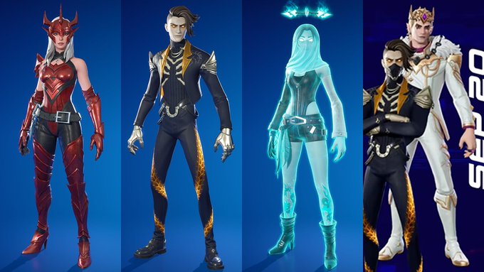 The image showcases four video game character skins in a lineup, including a red demon-like figure, a dark-suited male with yellow accents, a glowing blue/green ghostly female, and a regal white-and-gold prince behind the dark-suited character. The partially visible "FORTNITE" text on the right confirms this is promotional content for the "New Dawning Apocalypse Bundle," with the post suggesting the rightmost skin appears encrypted or unrevealed.