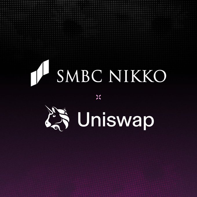 A graphic with a dark purple gradient background displays the logos and names "SMBC NIKKO" and "Uniswap" stacked vertically with an "x" between them, signaling their partnership that the post celebrates as a major milestone in DeFi's mainstream adoption by a global bank.