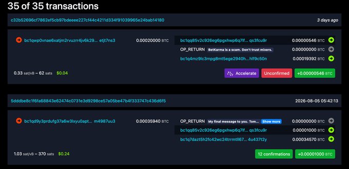 The image shows a blockchain transaction list (35 of 35 transactions) displaying two OP_RETURN messages sent to a wallet holding stolen Coldcard Bitcoin, including messages like "Betkarma is a scam. Don't trust mixers." and "My final message to you. Tim..."—one transaction worth $0.04 is unconfirmed while the other ($0.24) has 12 confirmations, illustrating how people are sending tiny BTC payments with on-chain notes to the thief's wallet.