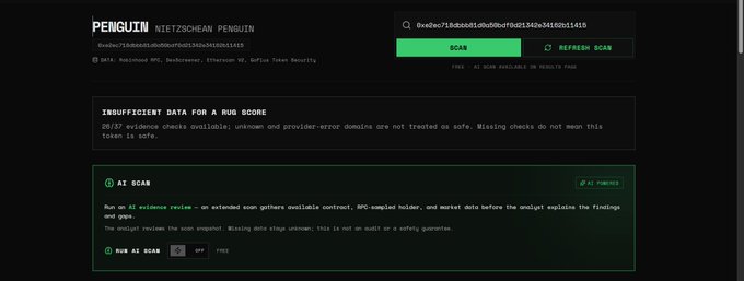 A web interface for 'NIETZSCHEAN PENGUIN' showing an AI scam analysis page with 'INSUFFICIENT DATA FOR A RUG SCORE' warning and scanning options.
