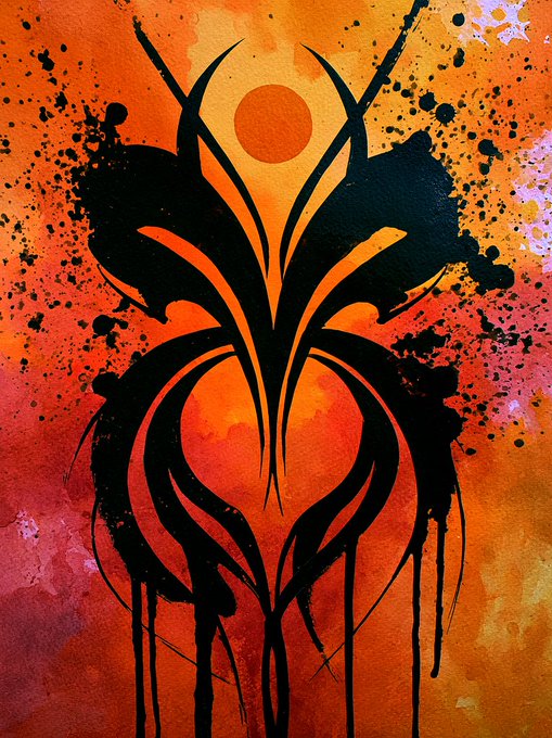 A bold black tribal-style emblem with horn-like shapes, sharp curves, and dripping paint details rises against a fiery orange and red splattered background, evoking a phoenix-like rebirth. The piece visually echoes the title "Born from Fire," reinforcing themes of passion, transformation, and raw energy through its flame-inspired palette and molten aesthetic.