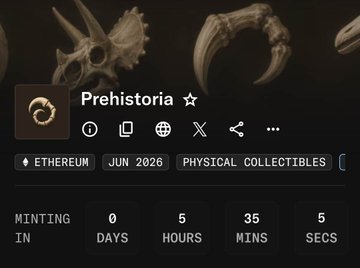 NFT collection page titled 'Prehistoria' featuring dinosaur skull imagery, tagged as Ethereum blockchain, physical collectibles, with a minting countdown showing 0 days, 5 hours, 35 mins, 5 secs remaining.