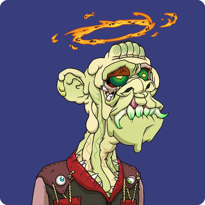 A digital illustration depicts a grotesque green-skinned humanoid character with a flaming halo, mismatched eyes, and sharp teeth, wearing a red and black garment.