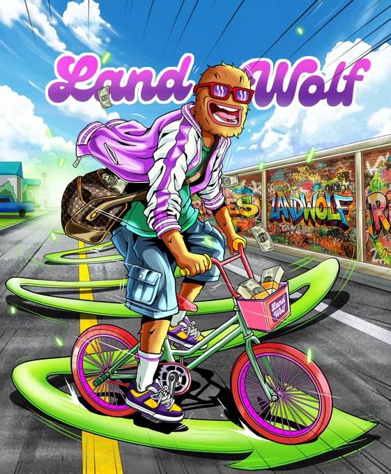 The image features a man riding a bicycle with a pink basket attached, wearing sunglasses and a purple jacket. The background of the image shows a street scene with graffiti art, including a building that has "Land Wolf" written on it. There is also a car visible in the background.
