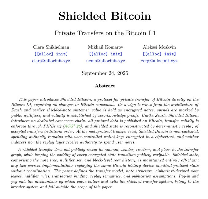 The image shows the title page of a research paper titled "Shielded Bitcoin: Private Transfers on the Bitcoin L1" by Clara Shikhelman, Mikhail Komarov, and Aleksei Moskvin (from alloc init), dated September 24, 2026. The abstract outlines a protocol for private Bitcoin transactions on the Bitcoin L1 using Zcash-style architecture with encrypted notes, nullifiers, and zero-knowledge proofs, while keeping shielded state maintained off-chain.

This relates to the post as the paper represents a realization of the original Zerocash/Zcash vision mentioned by the commenter—bringing privacy to Bitcoin—specifically by enabling private transfers on Bitcoin L1 without consensus changes.