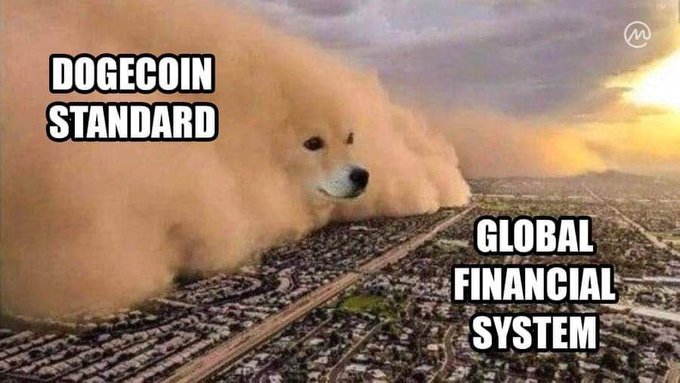 A humorous meme depicting a giant fluffy dog labeled 'DOGECOIN STANDARD' looming like a dust storm over a sprawling city labeled 'GLOBAL FINANCIAL SYSTEM' at sunset.