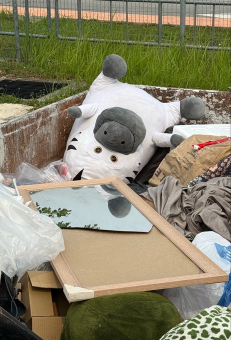 A discarded stuffed animal resembling a white and gray dog lies in a rusty metal dumpster alongside a framed mirror, cardboard boxes, and other trash.