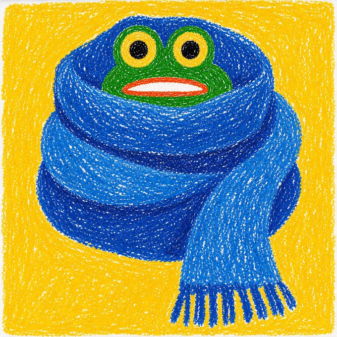 A colorful crayon-style illustration of a green frog wrapped in a coiled blue scarf against a bright yellow background.