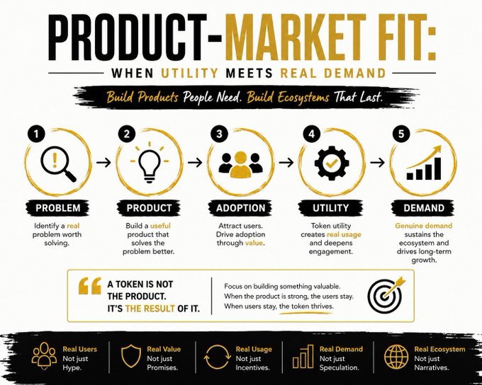 The image is an infographic titled "PRODUCT-MARKET FIT: WHEN UTILITY MEETS REAL DEMAND," outlining a 5-step framework: (1) Problem — identify a real problem, (2) Product — build a useful solution, (3) Adoption — attract users through value, (4) Utility — drive deep engagement, and (5) Demand — sustain long-term growth. It emphasizes the message "A token is not the product, it's the result of it," and highlights five "Real" principles (Real Users, Real Value, Real Usage, Real Demand, Real Ecosystem) rather than hype or speculation. This visually reinforces the post's core question to Web3 founders about whether anyone genuinely *needs* what they're building, framing product-market fit as the essential foundation beneath token and ecosystem success.