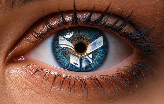 A close-up macro shot of a blue human eye, with the pupil reflecting an image of an open book.