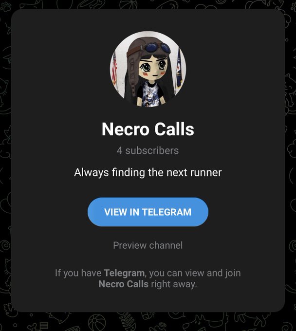A Telegram channel preview card for "Necro Calls" showing an anime-style avatar, 4 subscribers, and the tagline "Always finding the next runner," with a blue "VIEW IN TELEGRAM" button—promoting the trader's crypto callout channel highlighted in the post.