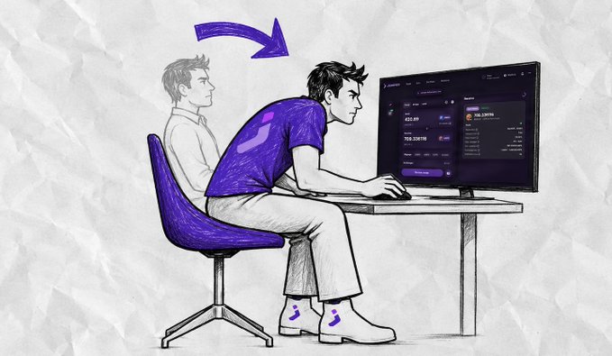 A hand-drawn illustration shows a person in a purple shirt sitting at a computer, with a faded 'before' figure behind them and an arrow indicating transformation toward a more focused, leaning posture.