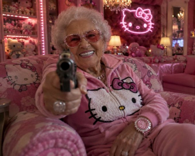 An elderly woman with pink sunglasses and a Hello Kitty-themed outfit smiles while pointing a gun directly at the camera, surrounded by a room overflowing with pink Hello Kitty merchandise and a glowing Hello Kitty neon sign. The kitschy, meme-style image plays on the "$kitty $cets" crypto reference, using the iconic Hello Kitty imagery to promote a tongue-in-cheek "lesson" that's about to be delivered at gunpoint.