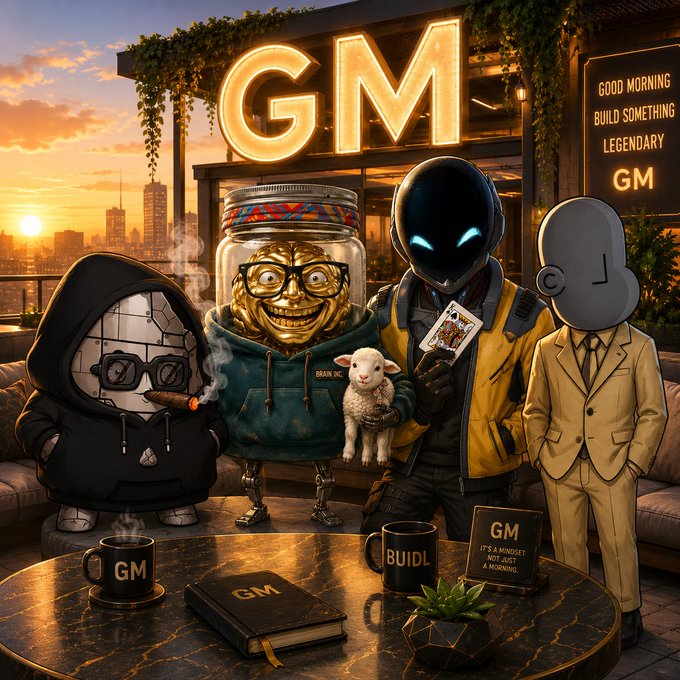 An illustration of a group of crypto/NFT characters including a smoking geo-mask figure, a golden face in a jar hoodie, a blue-eyed robot, and a grey-headed suited figure gather around a table with 'GM' mugs and books under a glowing 'GM' neon sign reading 'GOOD MORNING BUILD SOMETHING LEGENDARY GM'.