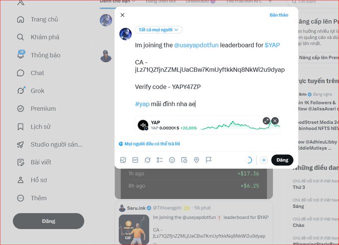 A screenshot of an X (Twitter) post by @useyapdotfun announcing joining the leaderboard for $YAP, including a CA address and verify code 'YAPY47ZP' with a price chart showing +28.86%.