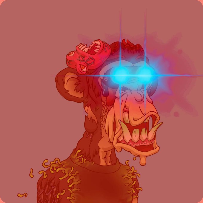 A digital illustration of a grotesque zombie-like creature with glowing cyan eyes, a smaller parasitic creature on its head, and exposed teeth.