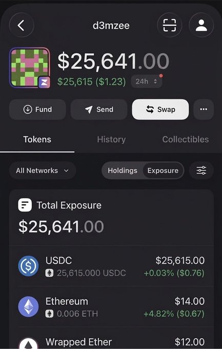 A screenshot of the d3mzee crypto wallet showing a total balance of $25,641, holding 25,615 USDC, 0.006 Ethereum ($14), and Wrapped Ether ($12), which connects to the post about a bot earning passive income by minting 510 Dumb Wojapes overnight at a $200+ floor price.