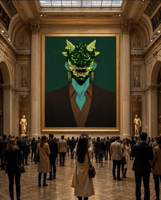 A crowd gathers inside a grand, ornate gallery to view a large pop-art style portrait of a green, masked figure in a dark suit against a teal background. The striking, contemporary artwork displayed in the classical setting evokes a sense of bold, artistic reflection—a fitting way to close out the month with creative inspiration.