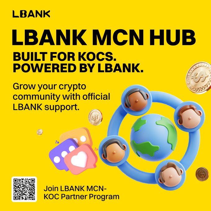 The image is a bright yellow promotional graphic for the LBank MCN Hub, featuring the tagline "Built for KOCs. Powered by LBank," alongside 3D icons of a globe surrounded by people, floating coins, and social media engagement symbols. It includes a QR code and text inviting viewers to "Join LBANK MCN-KOC Partner Program," directly supporting the post's announcement of a new hub designed to empower creators and community leaders.