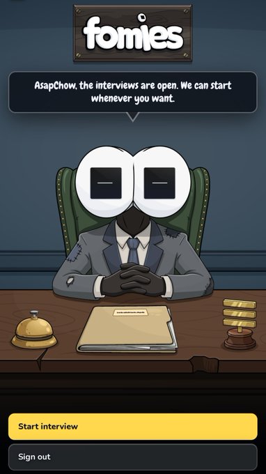 Screenshot of the 'fomies' mobile app interface showing a cartoon character in a suit and oversized glasses behind a desk, with a speech bubble reading 'AsapChow, the interviews are open. We can start whenever you want.'