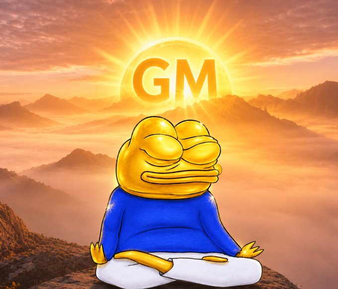 A golden Pepe frog meditating in lotus position with a glowing 'GM' sun behind it, set against a misty mountain sunrise landscape.
