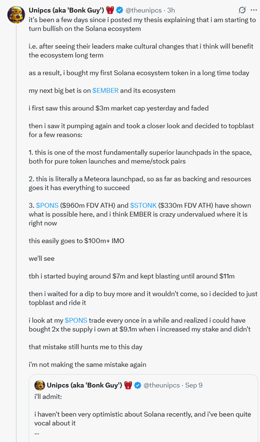 A tweet from Unipcs (aka 'Bonk Guy') (@theunipcs) announcing his bullish position on the Solana ecosystem, specifically highlighting $EMBER as his next big bet after observing it move from a $3M to $11M market cap, with comparisons to $PONS ($960M FDV ATH) and $STONK ($330M FDV ATH). The accompanying post context explains that while Unipcs' public callout helped drive EMBER's recent move to nearly $49M, this KOL-driven pump also reflects underlying fundamentals worth investigating via the provided Solana address.