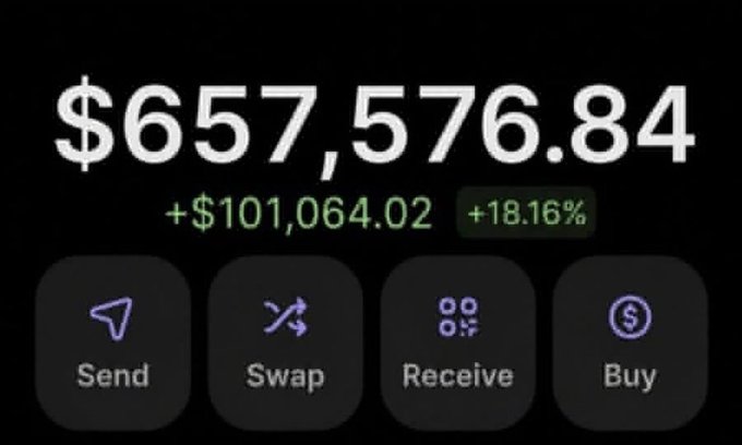 The image shows a crypto wallet dashboard displaying a balance of **$657,576.84**, with a profit gain of **+$101,064.02 (+18.16%)** shown in green, alongside action buttons for Send, Swap, Receive, and Buy. The screenshot serves as visual proof of the claim, illustrating how the author turned a **$100** investment into a **$657,576.84** profit by early-calling runners like **$CASHCAT**, **$JIMOTHY**, **$ANSEM**, and **$CATE**.