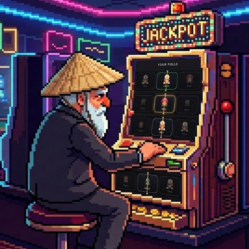 A pixel art illustration shows a bearded man in a conical hat playing a slot machine labeled "JACKPOT" in a neon-lit casino setting.
