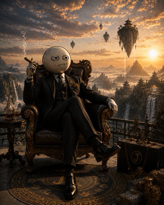 A digitally created scene of a figure with an emoji-style face wearing a suit and smoking a cigar, sitting in an ornate chair on a balcony overlooking floating islands, mountains, and waterfalls at sunset, with a 'J' logo on a briefcase.