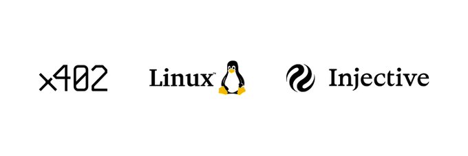 A simple white image displaying three logos: x402, Linux with the Tux penguin mascot, and Injective.