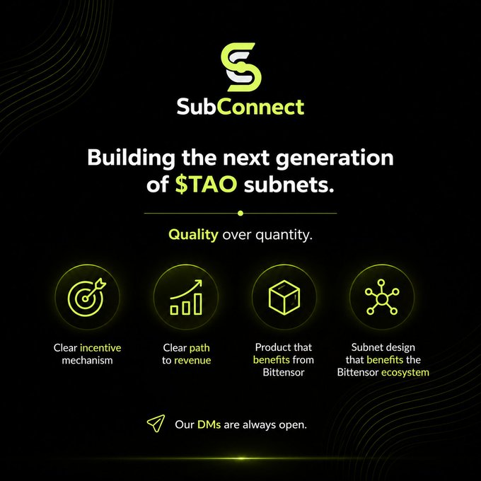 The image shows an advertisement for SubConnect, which promotes subnet incubation services. The text on the image reads "Building the next generation of $TAO subnets. Quality over quantity. Clear path to revenue. Product that benefits from Bittensor ecosystem. Our DMS are always open." This information is related to the subnet incubation service being offered by SubConnect, and it highlights the advantages of using their services for building subnets.