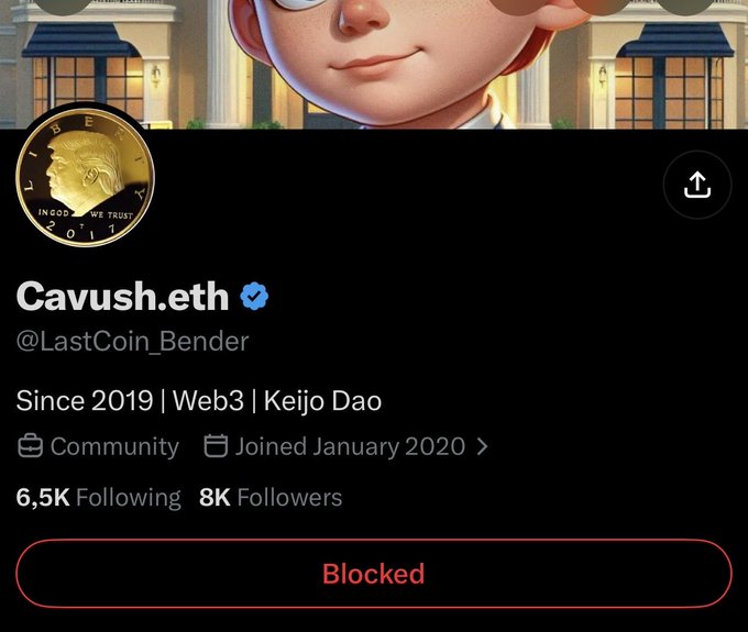 A social media profile for 'Cavush.eth' (@LastCoin_Bender) shows Web3/Keijo Dao bio, 8K followers, and a red 'Blocked' button.