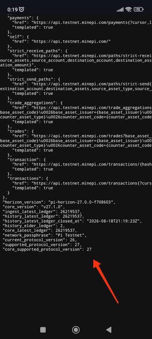 A smartphone screen displays JSON configuration data for the Pi testnet, with a red arrow pointing to the field "core_supported_protocol_version": 27, confirming the testnet protocol upgrade to version 27 referenced in the post.