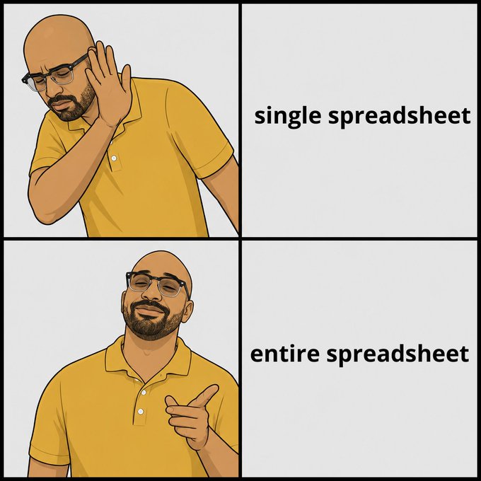The image shows two side by side images of a man dressed up with glasses, or so it appears from the cartoon style drawing that is labeled "entire spreadsheet" and "single spreadsheet". The man in each panel has his arm raised as if he's about to say something interesting or surprising related to spreadsheets. One panel reads, "Single spreadsheet", while the other says "entire spreadsheet". The post seems to be making a comparison between these two spreadsheets and is likely discussing their differences in terms of size, functionality, or some other relevant aspect. The use of cartoons for the drawings further supports this idea that they are meant to convey a humorous statement about the subject matter.