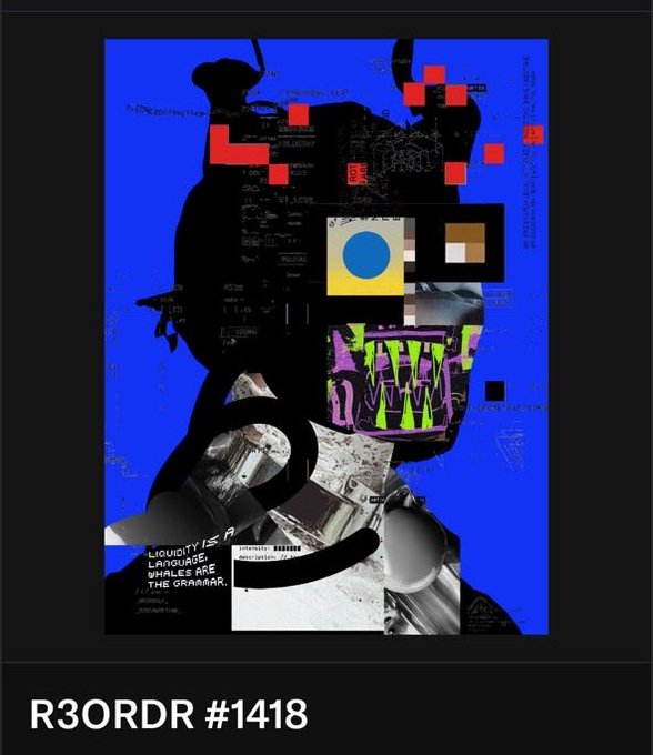 A glitchy, abstract digital portrait on a blue background with pixelated red blocks, colored squares, and the text 'R3ORDR #1418' at the bottom.