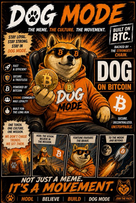 A 'DOG MODE' promotional poster featuring a Shiba Inu wearing Bitcoin sunglasses and holding a BTC coin, with text 'BUILT ON BTC', 'DOG ON BITCOIN', and 'NOT JUST A MEME. IT'S A MOVEMENT.'
