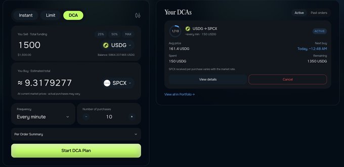 A dark-themed crypto trading interface showing a DCA (Dollar Cost Averaging) plan for purchasing 'SPCX' with USDC, displaying a frequency of 'Every minute' and 10 purchases.