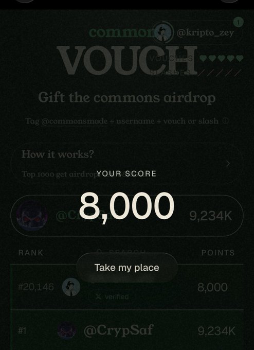 A dark mobile app screenshot showing a crypto airdrop voucher interface with 'YOUR SCORE 8,000' displayed prominently, alongside ranks and points for users like @kripto_zey and @CrypSaf.