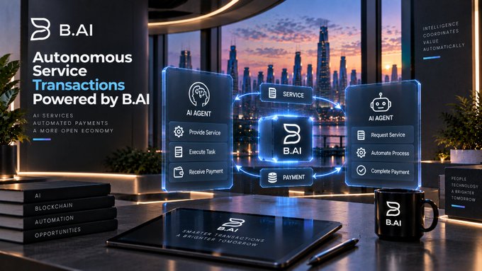 A digital promotional image for 'B.AI Autonomous Service Transactions Powered by B.AI' showing AI agent service flow diagrams with a futuristic city skyline in the background and a mug displaying the B.AI logo.