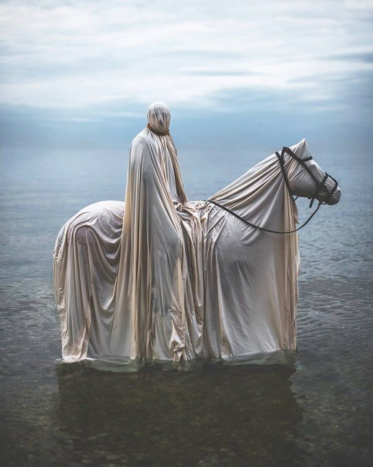 An ethereal silver-draped statue of a hooded figure on horseback emerges from shallow water against a cloudy sky.