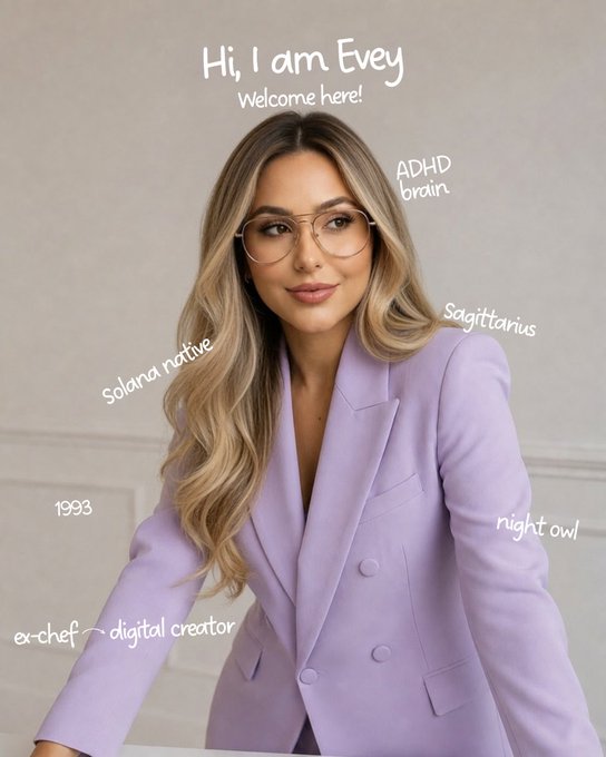 The image features a woman in a lavender blazer and glasses with text overlay reading "Hi, I am Evey - Welcome here!" along with personal labels like "ADHD brain," "Sagittarius," "Solana native," "1993," "night owl," and "ex-chef ~ digital creator." The caption ties in by presenting her as an authentic Web3 creator who openly shares personal details rather than projecting a polished, perfect image.