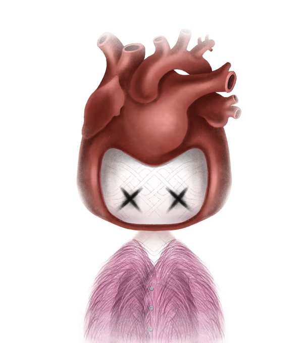 A surreal illustration of a figure with a human anatomical heart for a head, featuring X marks for eyes and wearing a pink fuzzy cardigan.