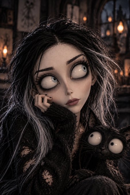 A stylized gothic illustration of a pale girl with oversized eyes and messy black-and-white hair, sitting beside a wide-eyed black cat in a dimly lit room.