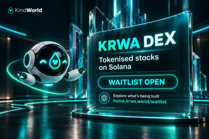 A futuristic digital advertisement for 'KRWA DEX' on Solana by KindWorld, featuring a friendly robot mascot and a 'WAITLIST OPEN' call-to-action.